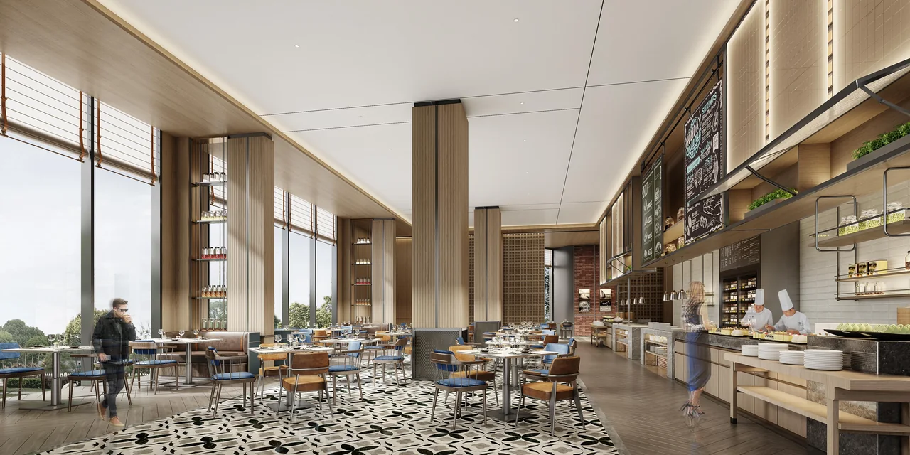Design visualisation of the all-day restaurant with tall windows, timber columns and dining tables