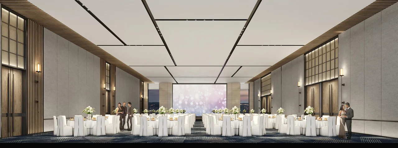 Design visualisation of the banquet hall with round tables, a presentation screen and timber wall details