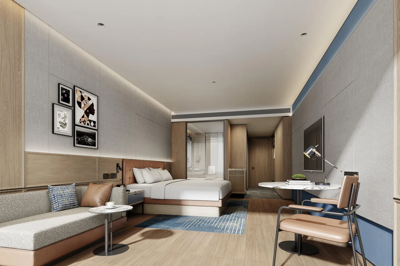 Design visualisation of an executive room with a bed, sofa and writing desk