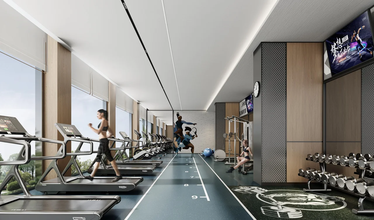 Design visualisation of the fitness studio with treadmills, exercise equipment and large windows