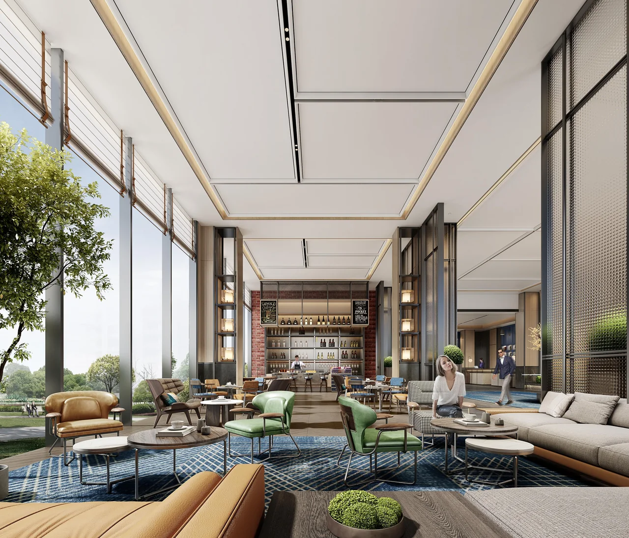 Design visualisation of the lobby lounge with trees, soft seating and large windows
