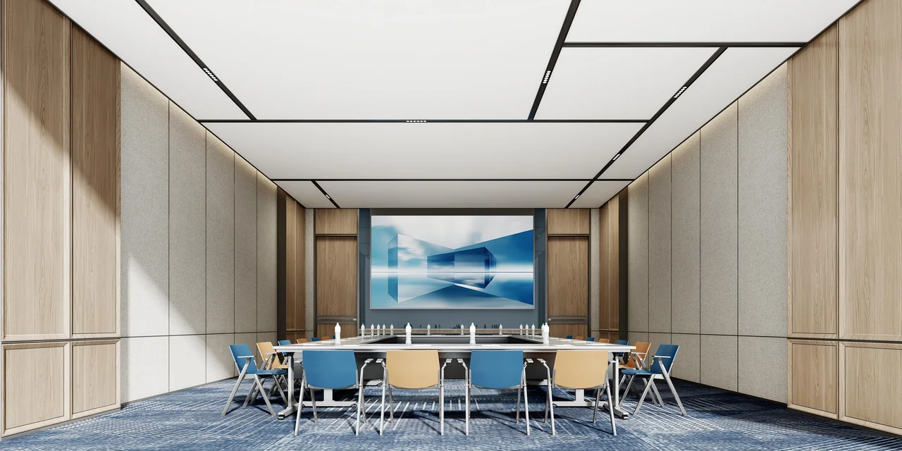 Design visualisation of the meeting room with a U-shaped table, presentation screen and blue carpet